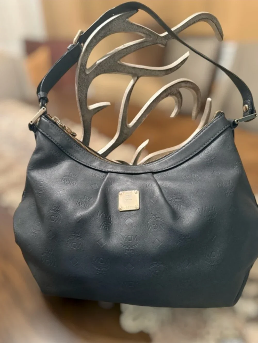 MCM | Bags | Mcm Black Embossed Leather Shoulder Hobo Bag  display picture 1